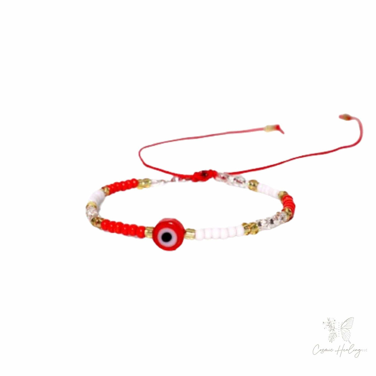 Red Evil Eye Charm Bracelet White, Red, Gold Beads - Shop Cosmic Healing