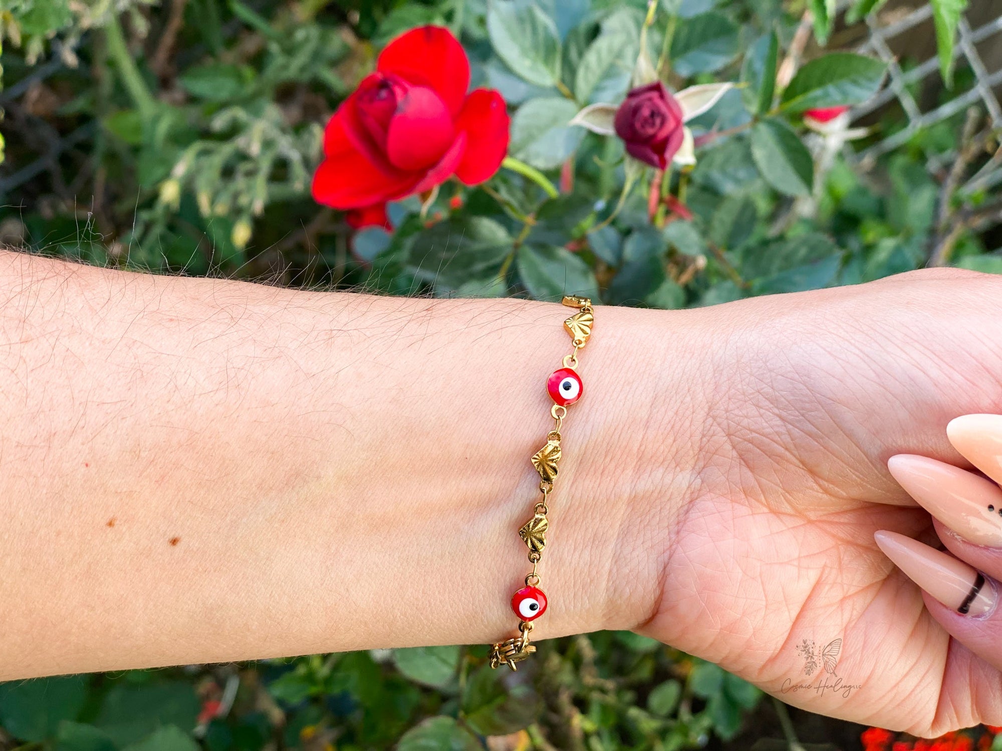 Red Evil Eye Charm Bracelet with Hearts - Shop Cosmic Healing