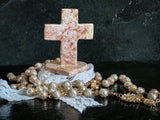 Rose Mexican Onyx Crystal Cross with 3" Heart Shape Base - Shop Cosmic Healing