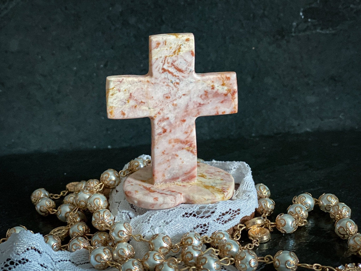 Rose Mexican Onyx Crystal Cross with 3" Heart Shape Base - Shop Cosmic Healing