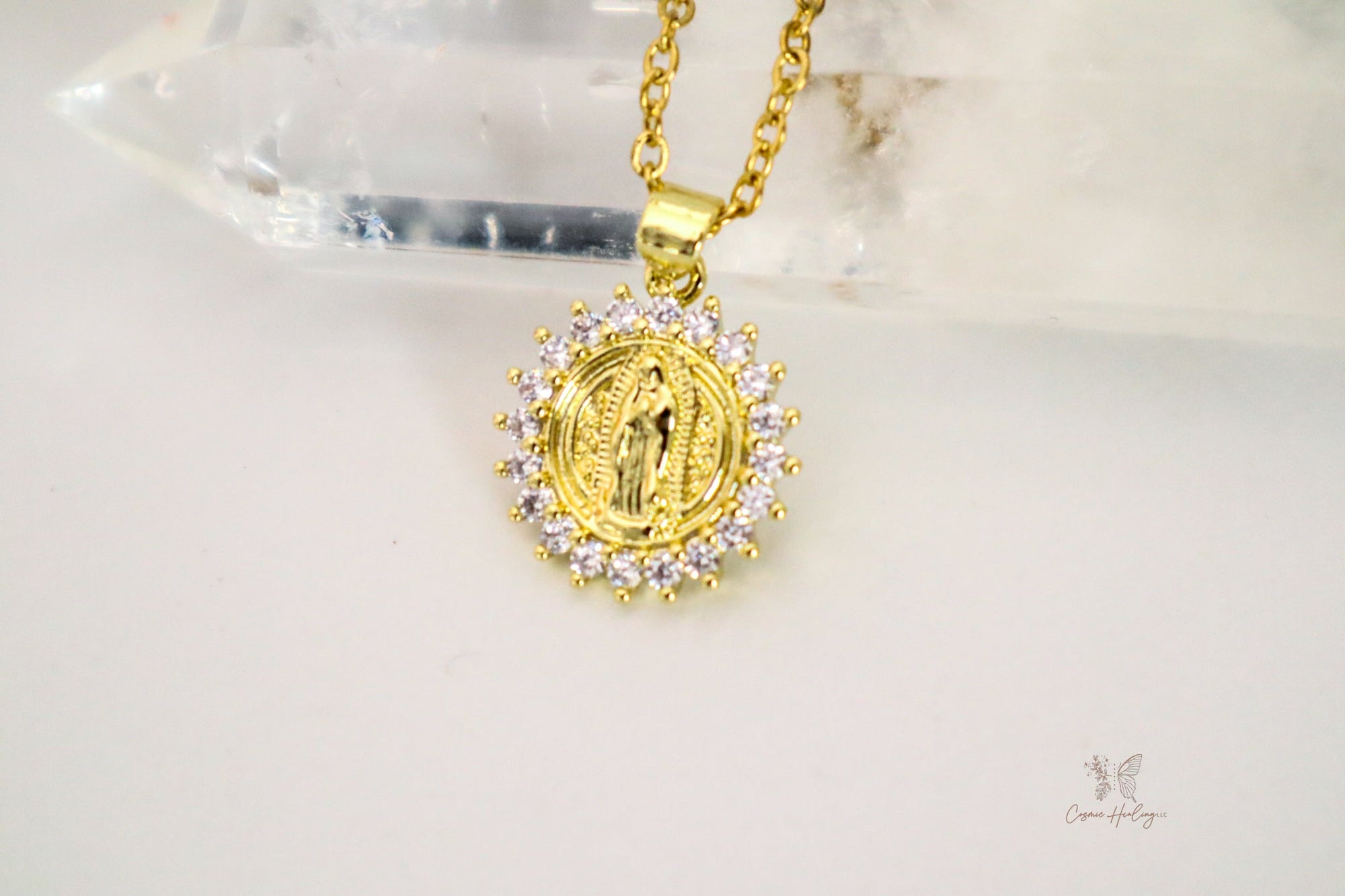 Round Pendant CZ Virgen de Guadalupe Necklace - Shop Cosmic Healing