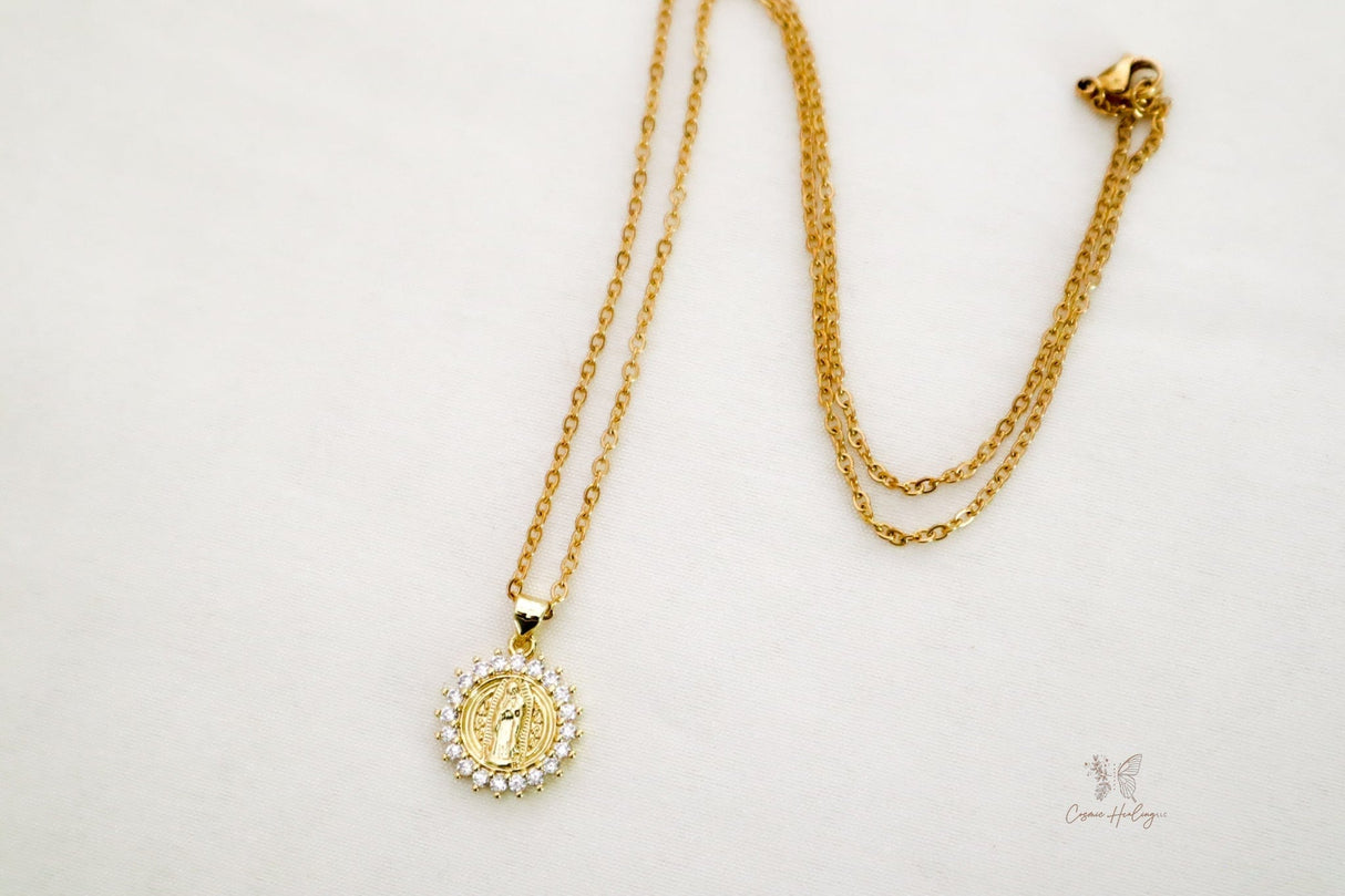 Round Pendant CZ Virgen de Guadalupe Necklace - Shop Cosmic Healing