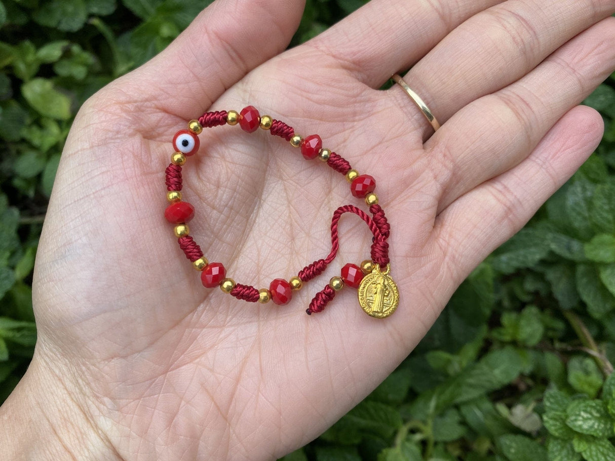 Saint Benedict Red String Woven Bracelet With Evil Eye- Children's - Shop Cosmic Healing