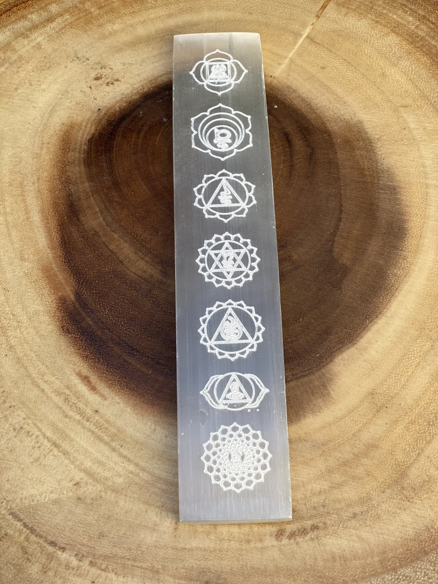 Selenite Charging Plate Etched with 7 Chakra Design - Shop Cosmic Healing