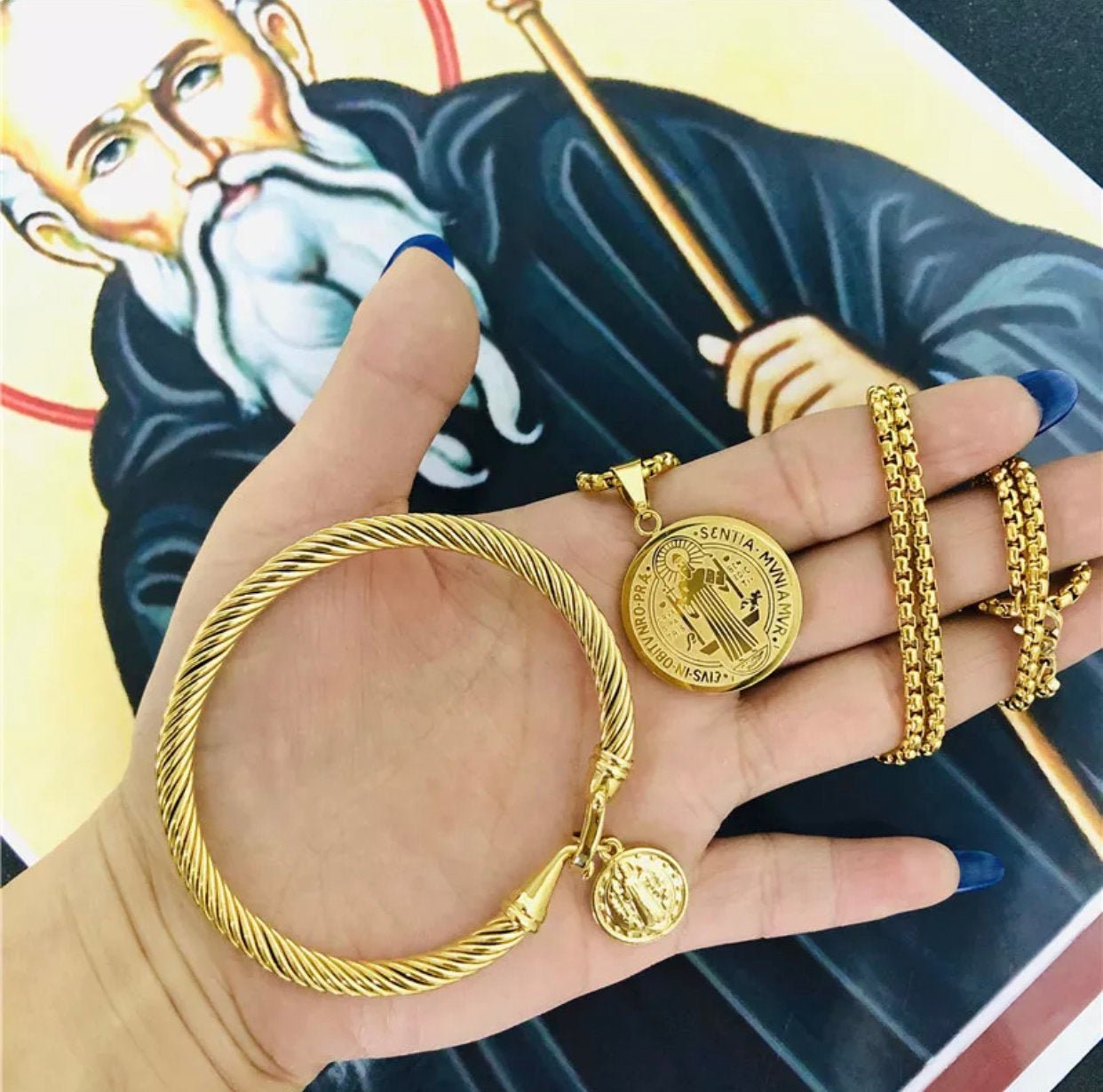 Set Saint Benedict Bracelet &amp; Necklace Gold Filled - Shop Cosmic Healing