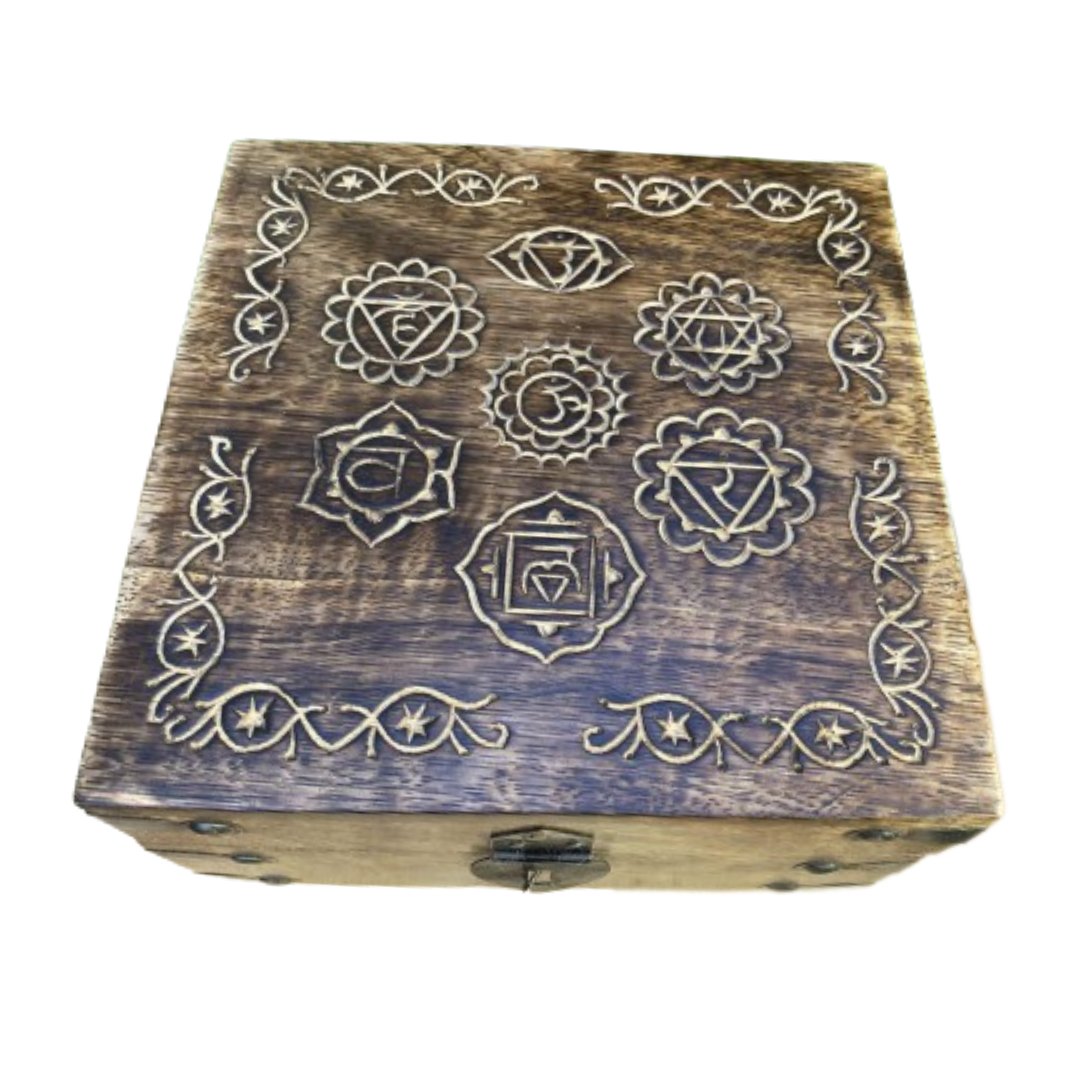 Seven Chakra Carved Wood Box 7.5"x7.5"x4"(h) - Shop Cosmic Healing