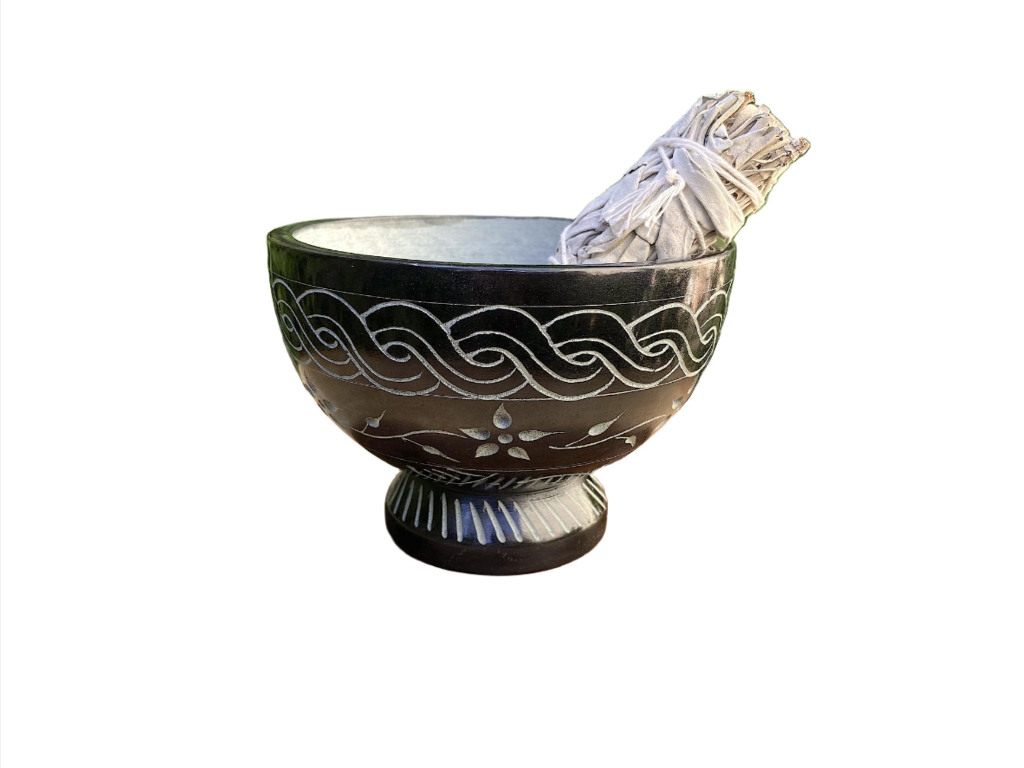 Standing Base Black Soap Stone Carved Bowl 3.75'' x 4'' x 4''H - Shop Cosmic Healing