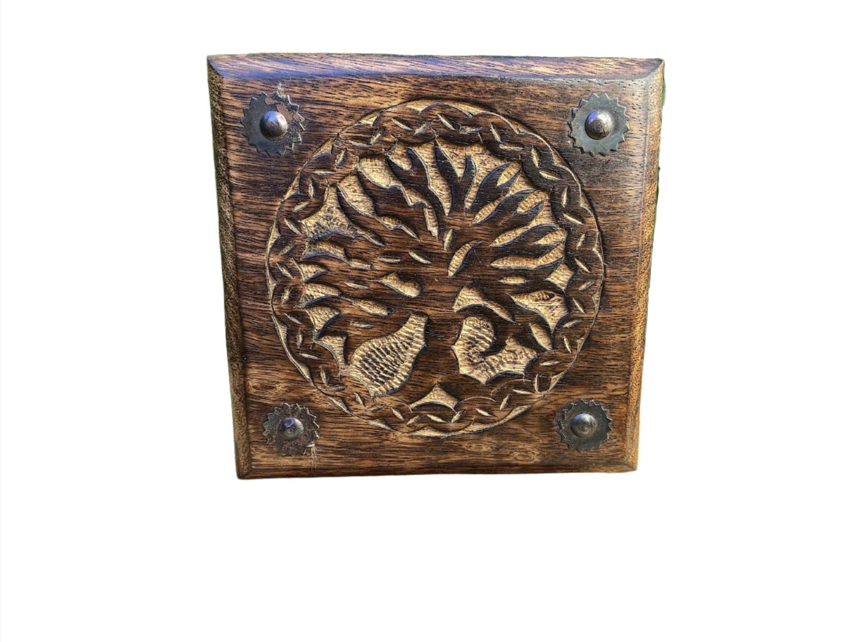 Tree of Life Carved Wood Box 6"x6"x3.75"H" - Shop Cosmic Healing