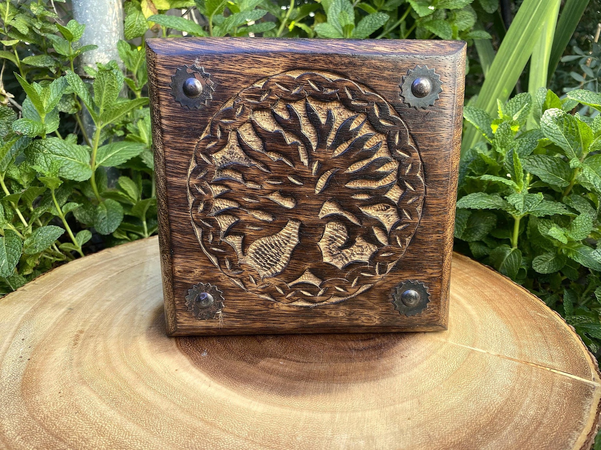Tree of Life Carved Wood Box 6"x6"x3.75"H" - Shop Cosmic Healing