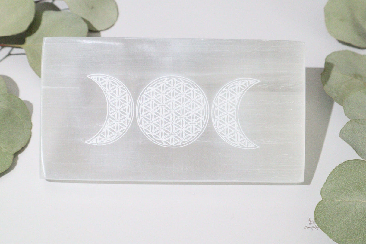 Triple Moon & Flower of Life Selenite Charging Plate - Shop Cosmic Healing