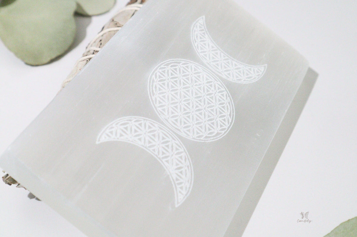 Triple Moon & Flower of Life Selenite Charging Plate - Shop Cosmic Healing