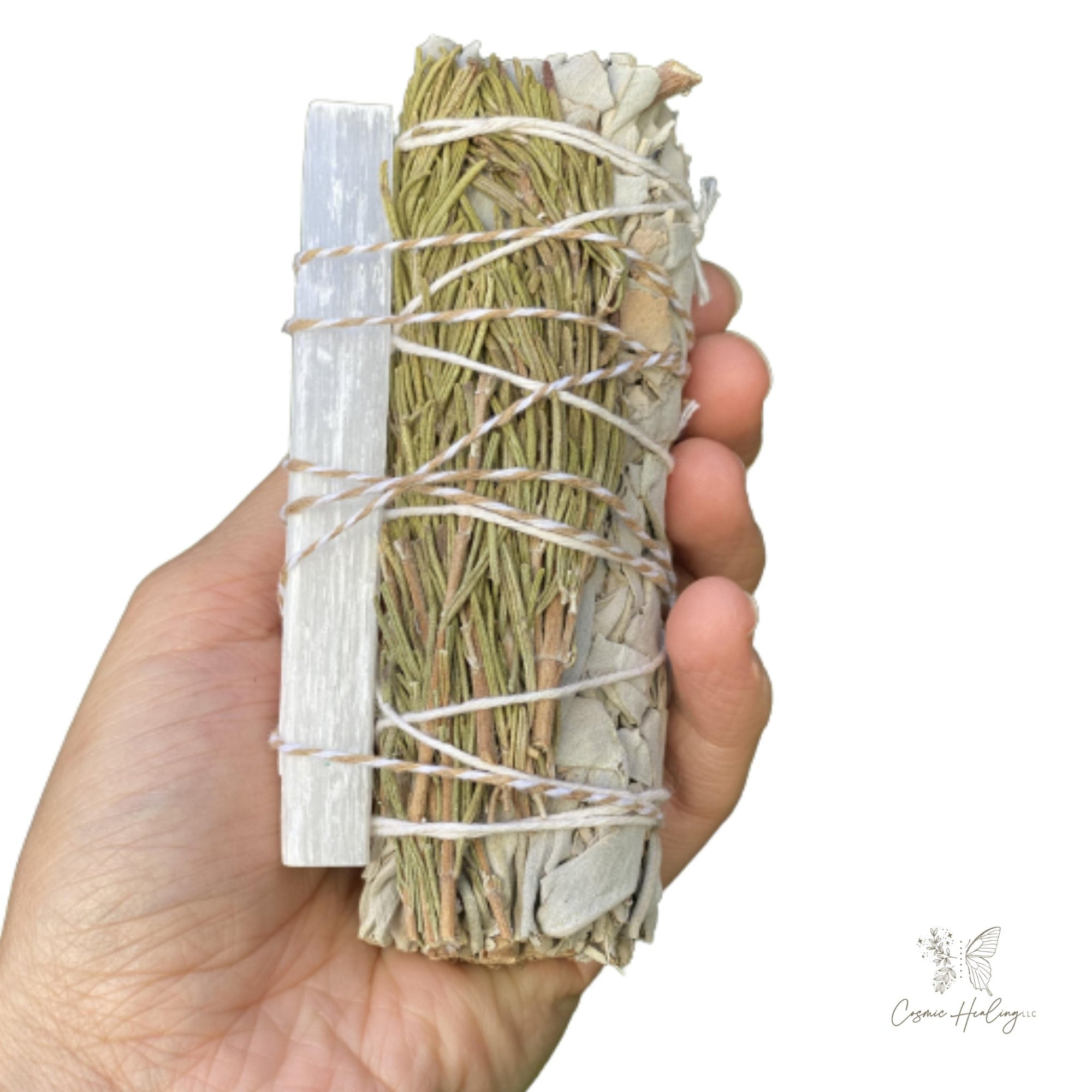White Sage & Rosemary Smudge Stick with Selenite Wand 4" For energy Cleansing, Removes Negative Energy, Harmonizes the Mind - Shop Cosmic Healing