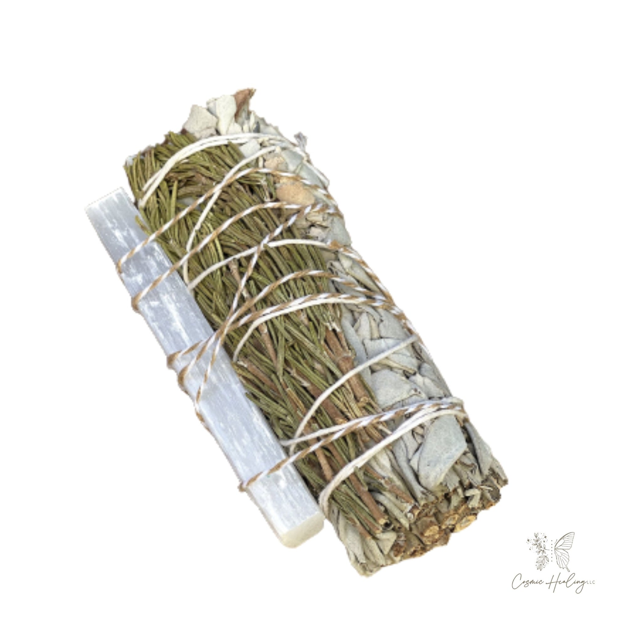White Sage & Rosemary Smudge Stick with Selenite Wand 4" For energy Cleansing, Removes Negative Energy, Harmonizes the Mind - Shop Cosmic Healing