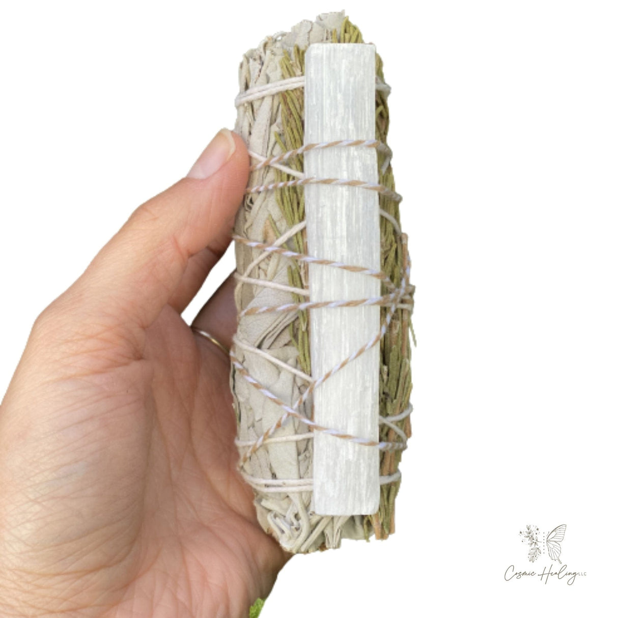 White Sage & Rosemary Smudge Stick with Selenite Wand 4" For energy Cleansing, Removes Negative Energy, Harmonizes the Mind - Shop Cosmic Healing