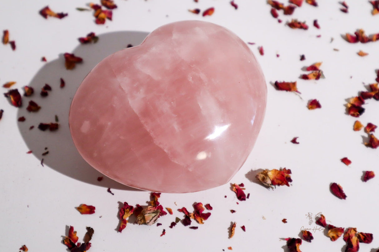 XL Deep Pink Rose Quartz Heart With Rainbow Inclusions- RQH1 - Shop Cosmic Healing