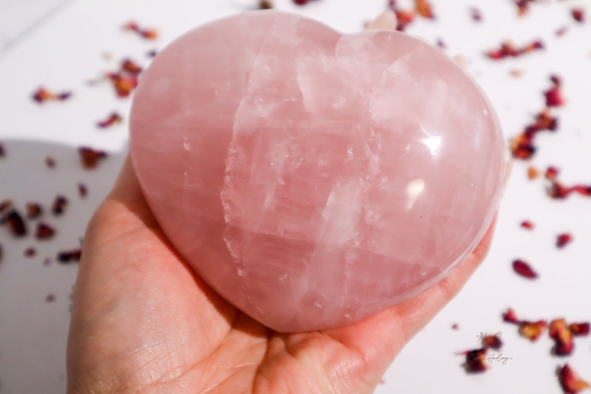 XL Deep Pink Rose Quartz Heart With Rainbow Inclusions- RQH1 - Shop Cosmic Healing