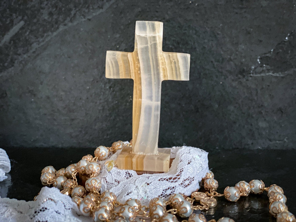 Yellow Banded Mexican Onyx Crystal 3" Cross with Base - Shop Cosmic Healing