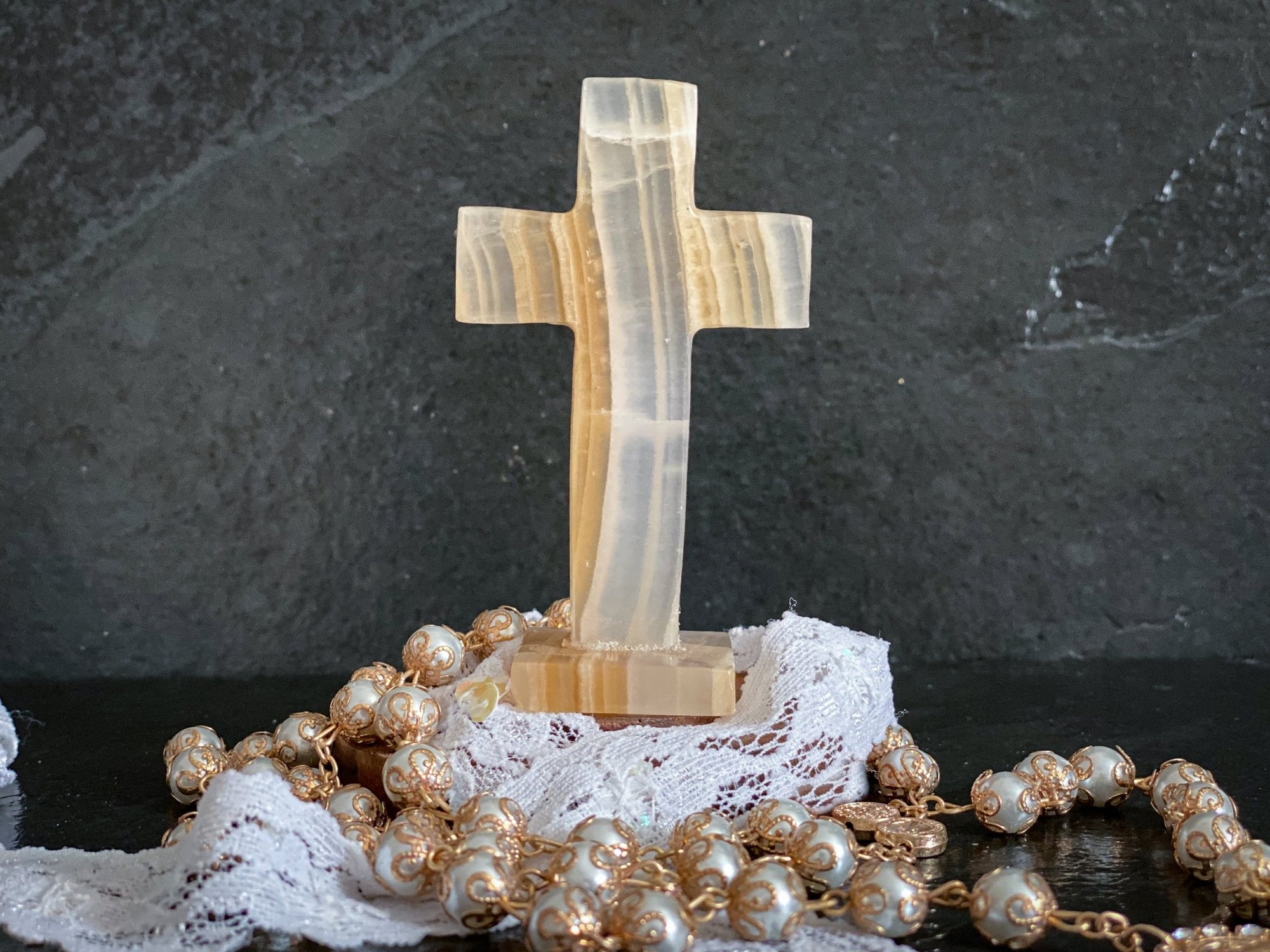Yellow Banded Mexican Onyx Crystal 3" Cross with Base - Shop Cosmic Healing