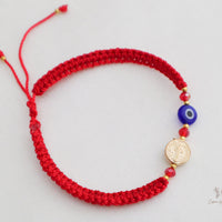 Double Protection Red Thread Bracelet- Evil Eye & Saint Benedict Medal