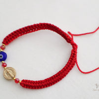 Double Protection Red Thread Bracelet- Evil Eye & Saint Benedict Medal