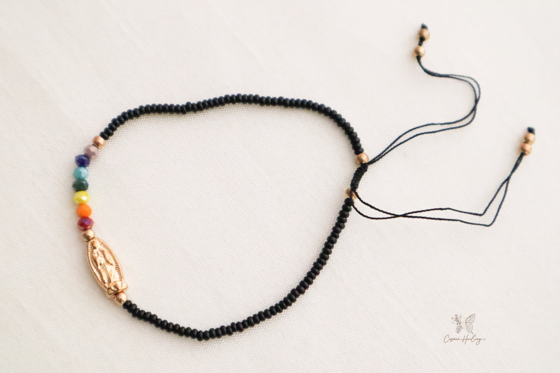 Seven Chakra Guadalupe Dainty Thread Bracelet-Black