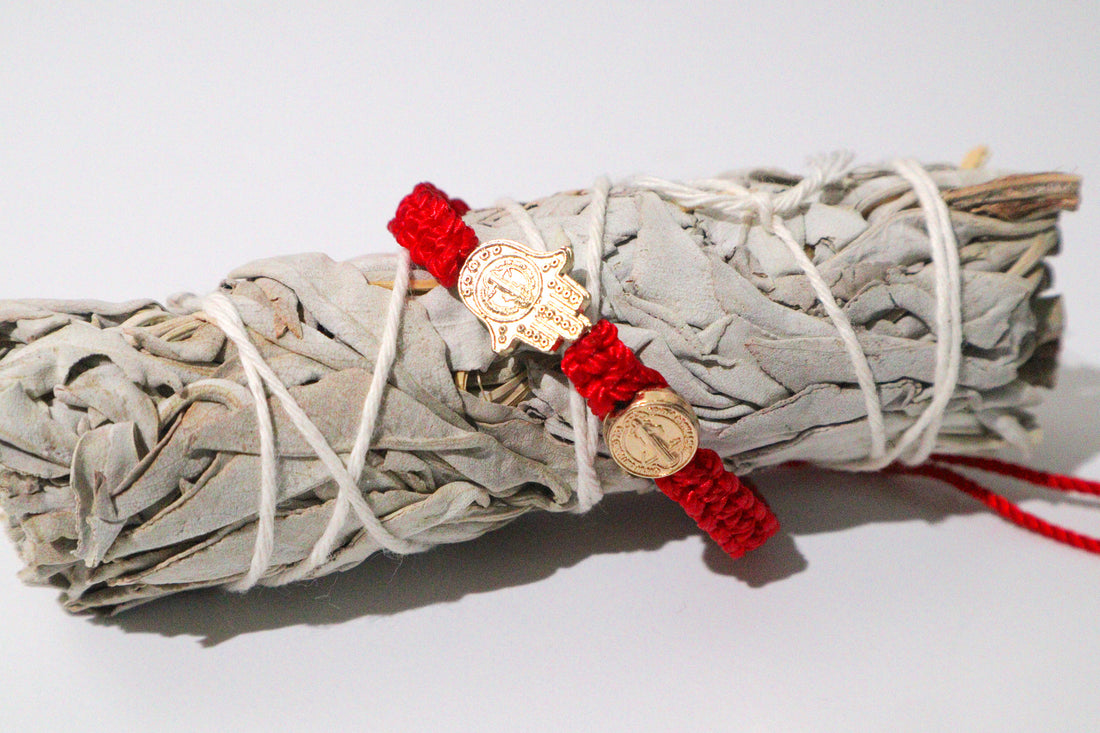 Double Protection Red Thread Bracelet- Hand of Hamsa & Saint Benedict Medal