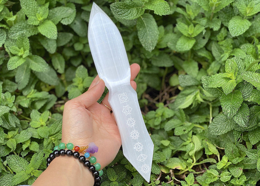 Double Terminated Selenite Dagger Chakra Engraved  Ritual Knife 10"