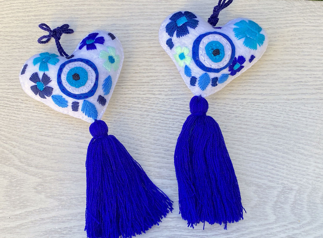 Embroidered Heart Tassel Blue Evil Eye