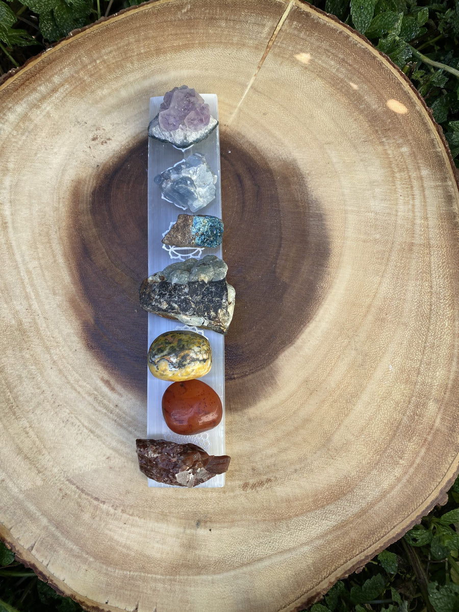 Selenite Charging Plate Etched with 7 Chakra Design