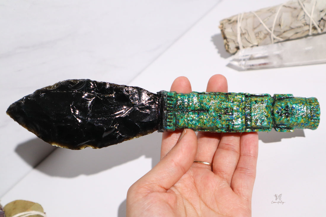 Replica Aztec Obsidian and Chip Turquoise Sacrificial Knife