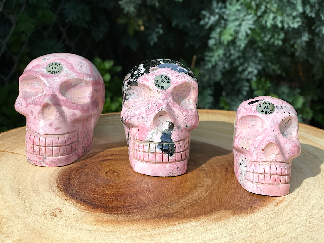 Hand Carved Peruvian Rhodonite Skulls