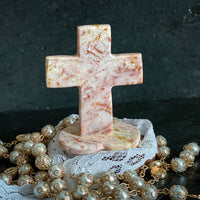 Rose Mexican Onyx Crystal Cross with 3" Heart Shape Base