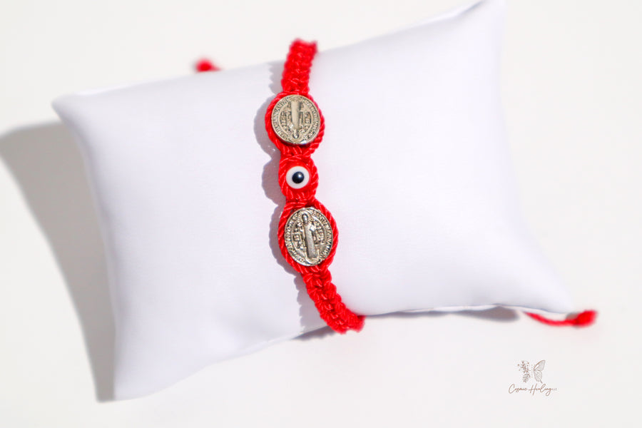 Double Saint Benedict Medal Bracelet With Red Evil Eye