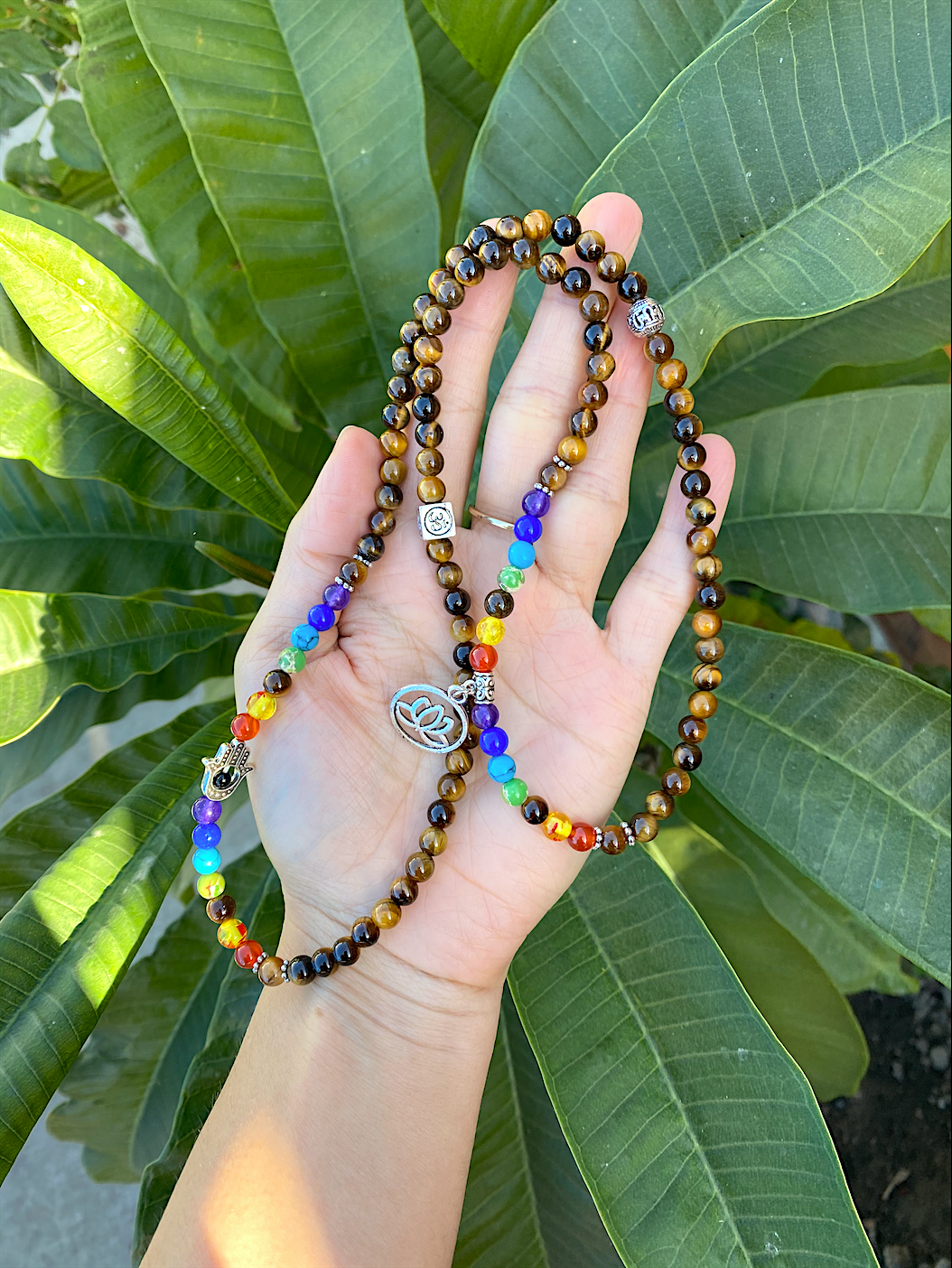 108 Tiger's Eye & 7 Chakra Mala Bead Necklace- Prayer Beads