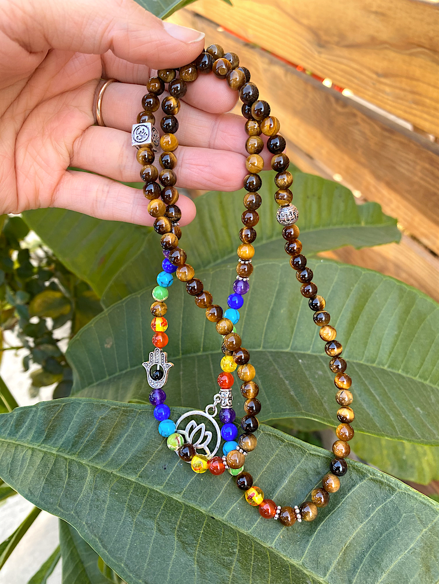 Tiger's Eye with 7 Chakra Stone Mala Prayer Beads
