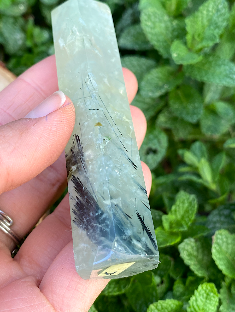 Natural Ritualized Prehnite Crystal Point With Black Tourmaline & Epidote