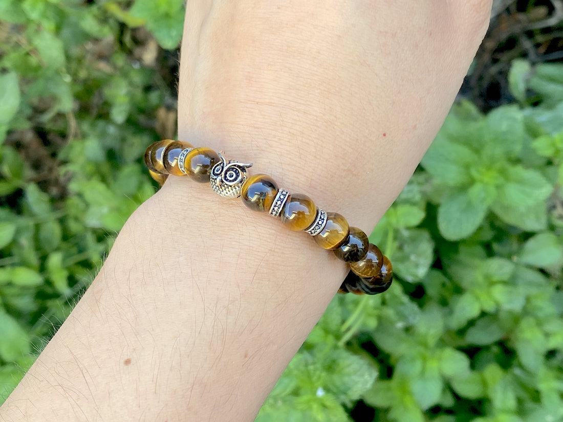 Tiger's Eye with Silver Plated Owl Bracelet