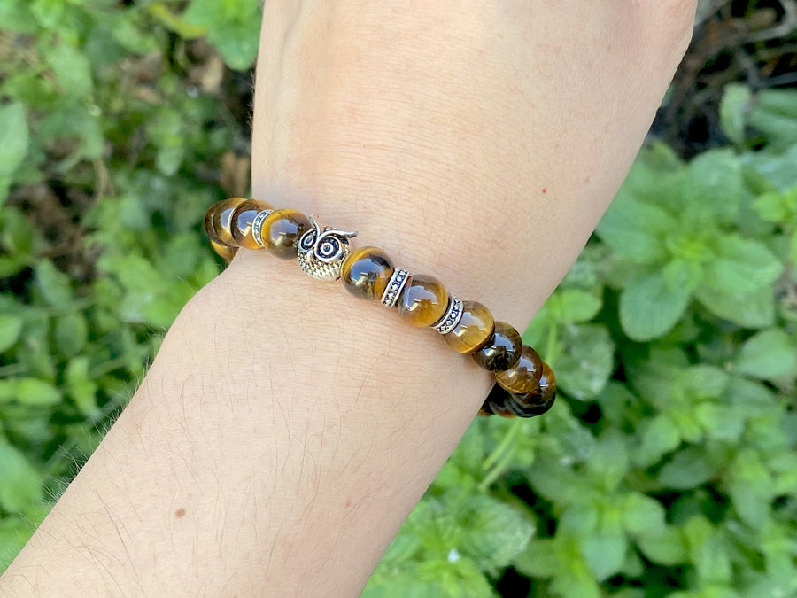 Tiger's Eye with Silver Plated Owl Bracelet