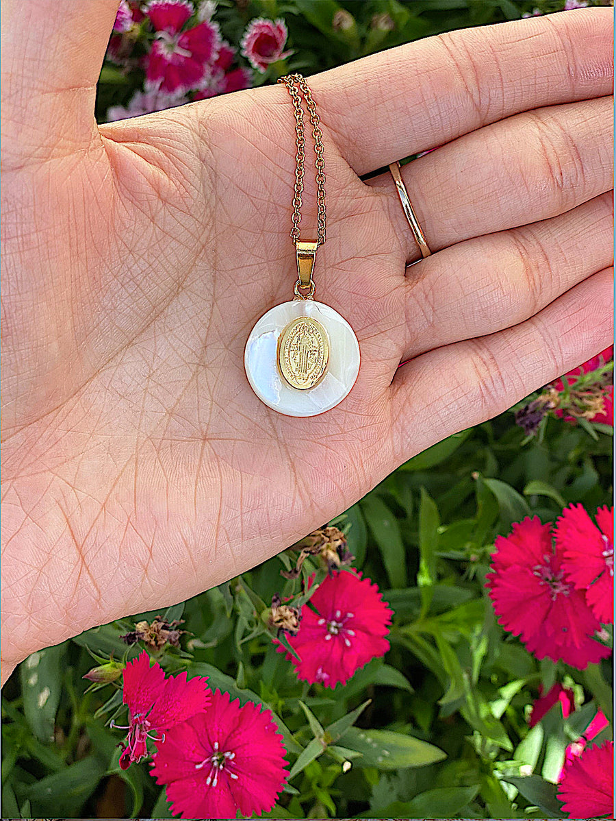 Pearl Shell Gold Filled Saint Benedict Medal Necklace