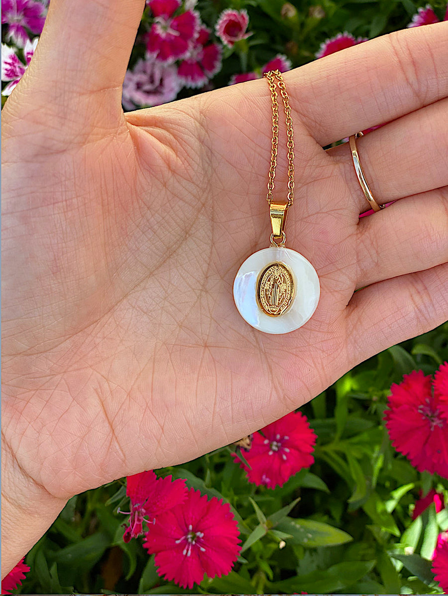 Pearl Shell Gold Filled Saint Benedict Medal Necklace